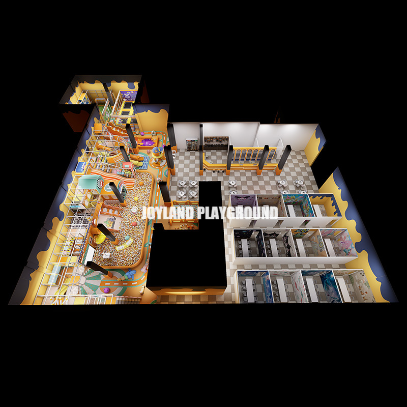 Front view of trampoline park equipment with play zones