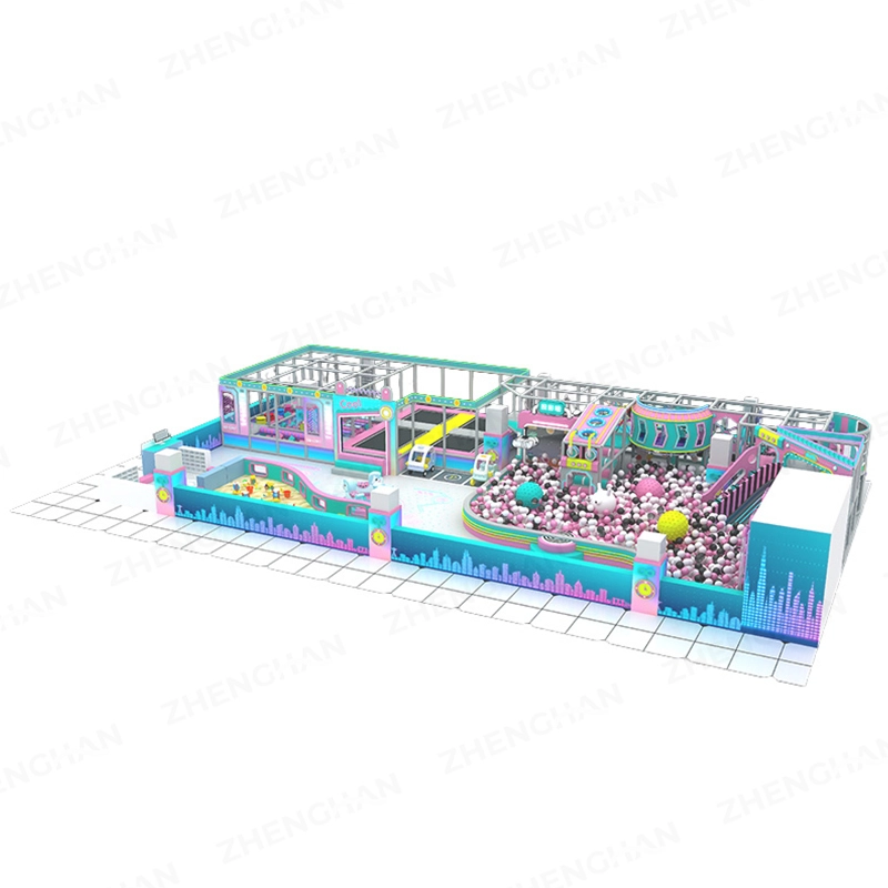 Perspective view of 180m² pastel ocean commercial trampoline park