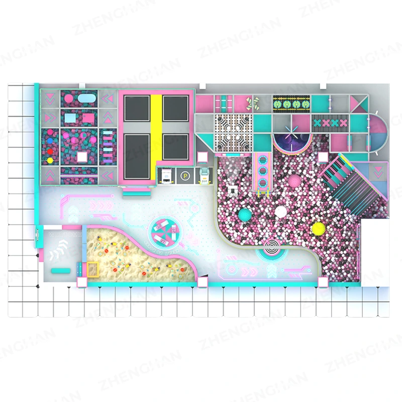 Pastel ocean commercial trampoline park attraction and activity zones