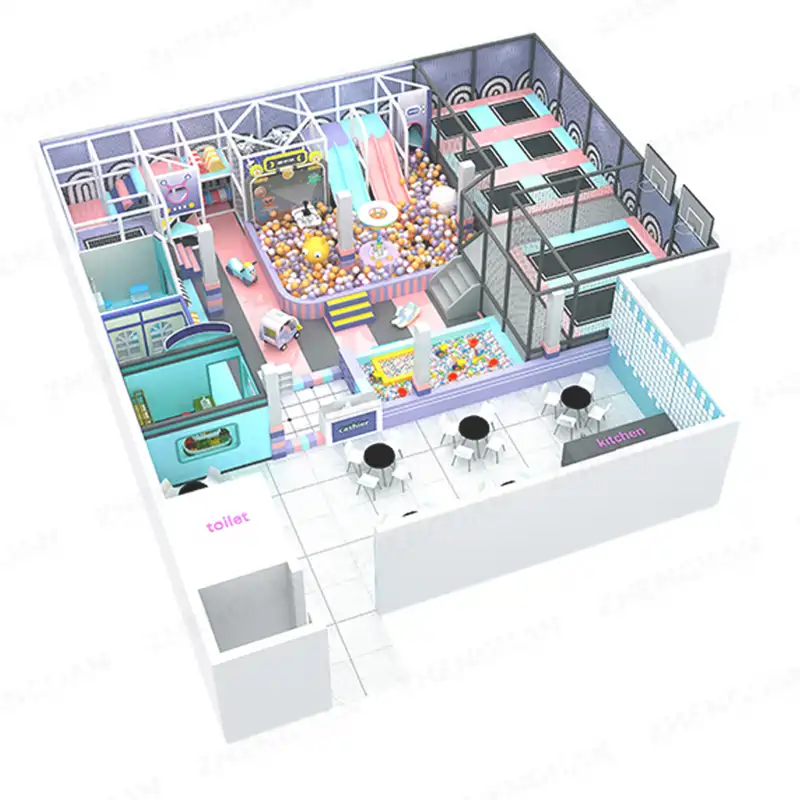 225m² modern pastel commercial trampoline park design