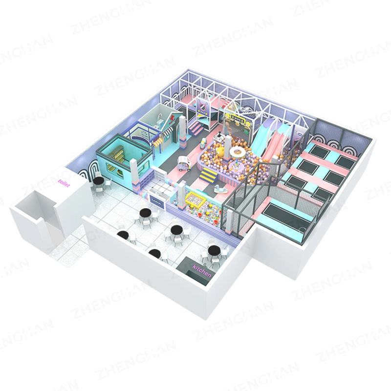 Perspective view of 225m² modern pastel commercial trampoline park