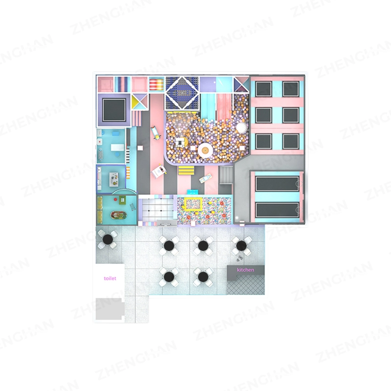 Modern pastel commercial trampoline park attraction and activity zones