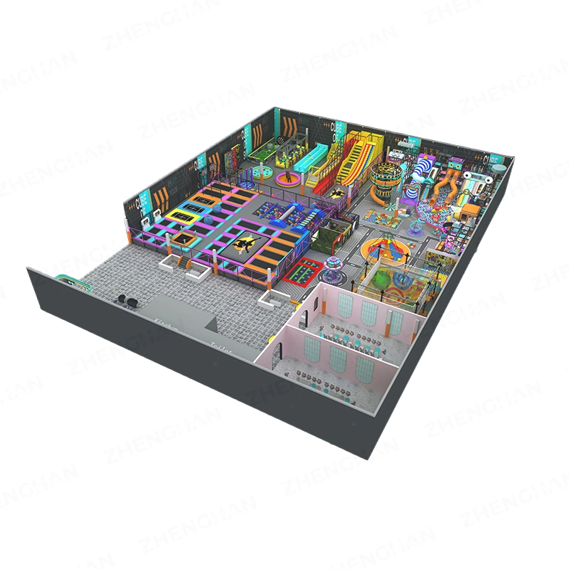 Perspective view of 1890m² spiral tower adventure commercial trampoline park