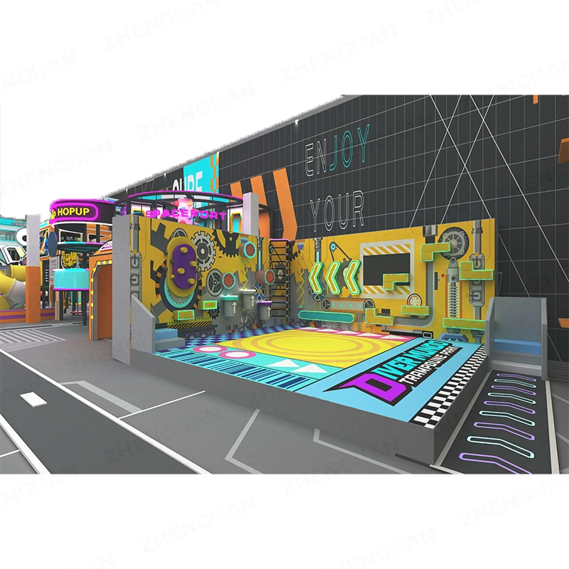 Spiral tower adventure commercial trampoline park attraction and activity zones