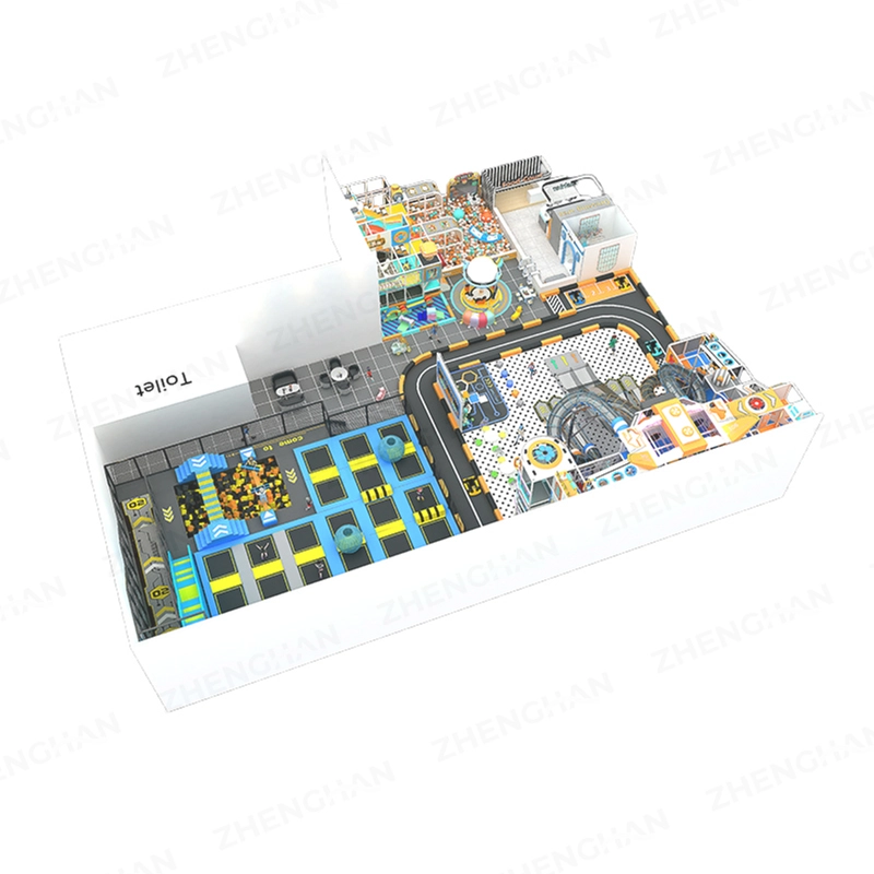 Top-view layout of 600m² commercial trampoline park