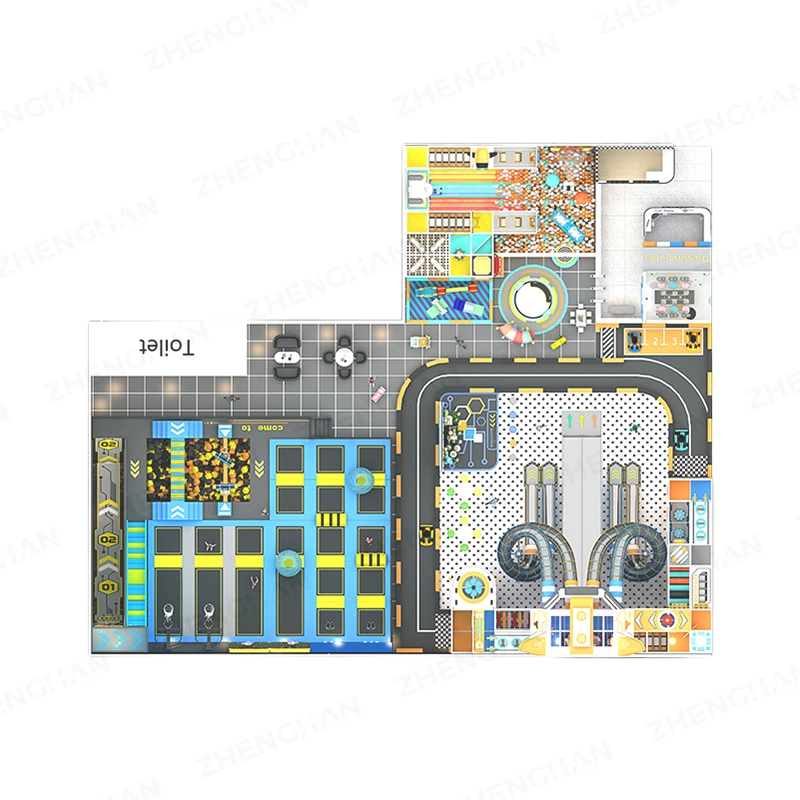 Family adventure commercial trampoline park attraction and activity zones